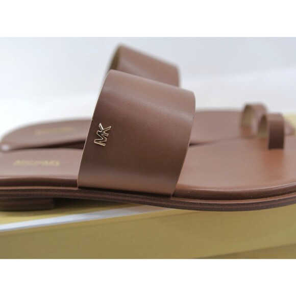 MICHAEL KORS August Toe Loop Flat Slip-on Sandals Brown Luggage Leather Size 9.5 - Picture 5 of 12